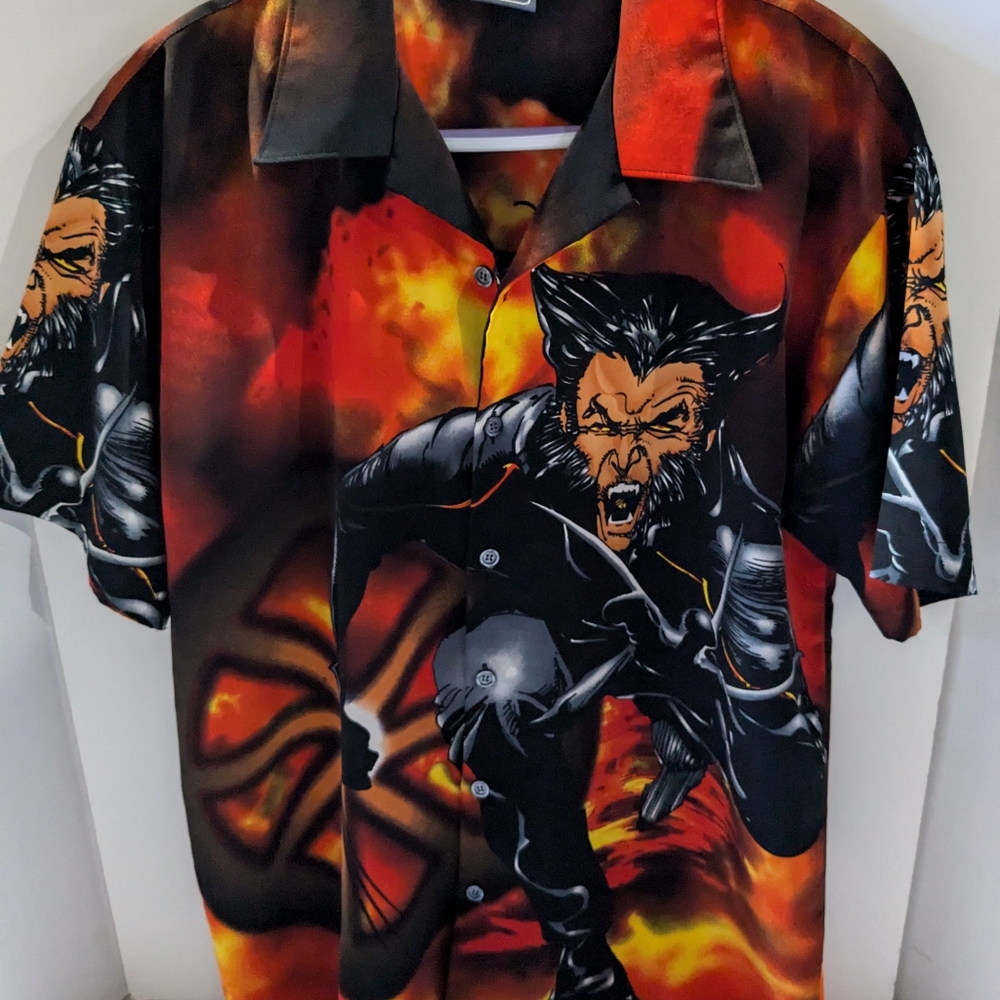 R2 Wolverine graphic all over print comic book shirt men's medium Marvel